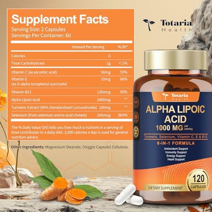 Supplement facts panel on Totaria Alpha Lipoic Acid 1000mg bottle indicating dosage instructions