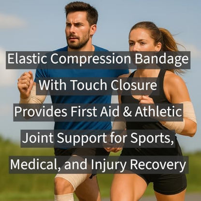 Self-closure hook and loop strips on 6 inch elastic bandage for easy fastening