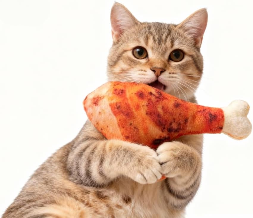 Three piece simulation food catnip kicker toy set for indoor cats being gripped and bitten during interactive play.