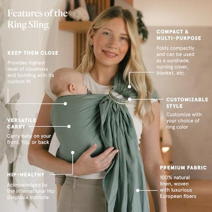 WildBird European linen ring sling adjusted in an ergonomic hip carry position