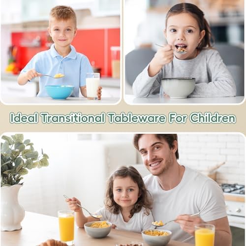 DRKIO non toxic durable silver spoons for toddlers next to a healthy child meal bowl