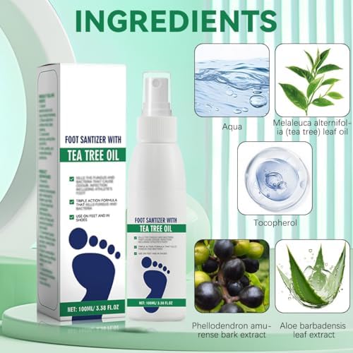 Natural ingredients label on Ximonth tea tree oil spray for healthy feet.
