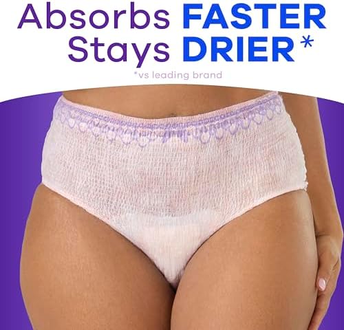 Always Discreet adult diapers for women USA import packaging side view showing sizing details