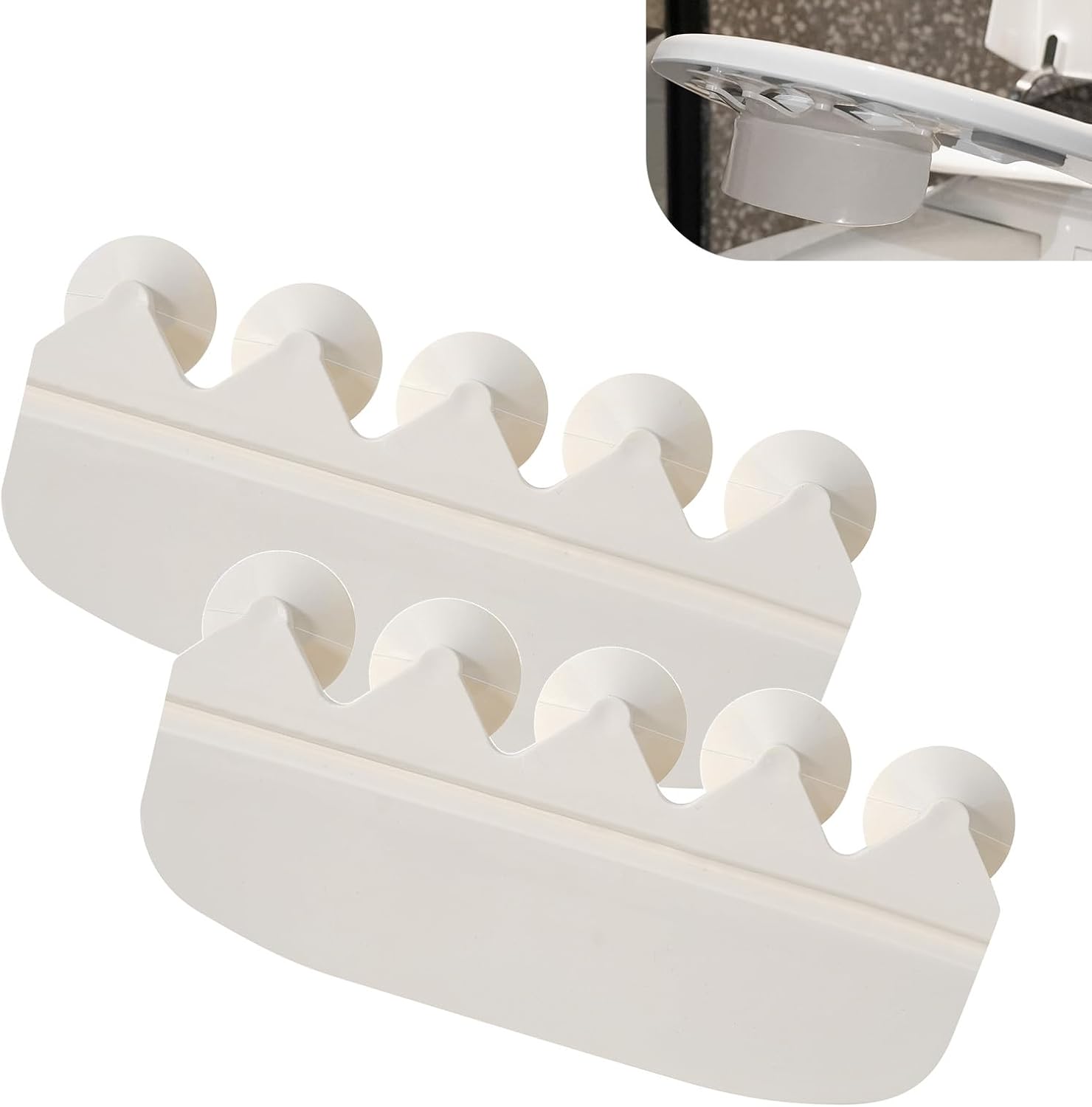 Unbranded adjustable toilet splash guard front view showing the transparent urine deflector attached to a white toilet seat