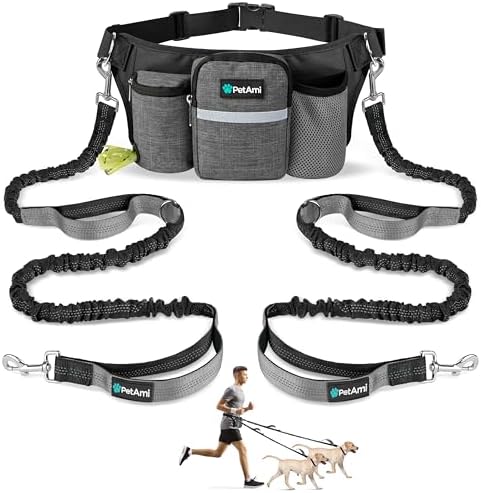 PetAmi dual dog bungee leash system with fanny pack