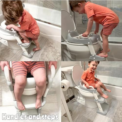 Grey and white cushioned toddler commode seat with handles placed on a western toilet.