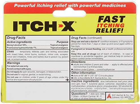 Back of Itch-X packaging showing active ingredients Pramoxine HCl and Benzyl Alcohol.
