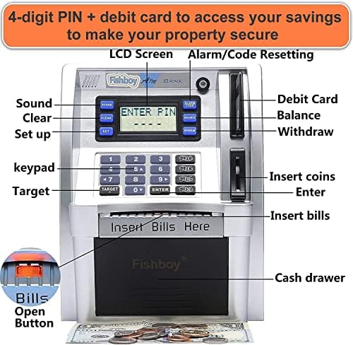 Electronic bank toy displaying automated coin recognition balance tracking