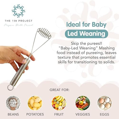 Textured baby food preparation using the manual stainless steel fruit smasher for baby led weaning