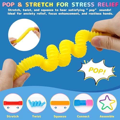 Toddler hands linking blue and pink corrugated fidget tubes together