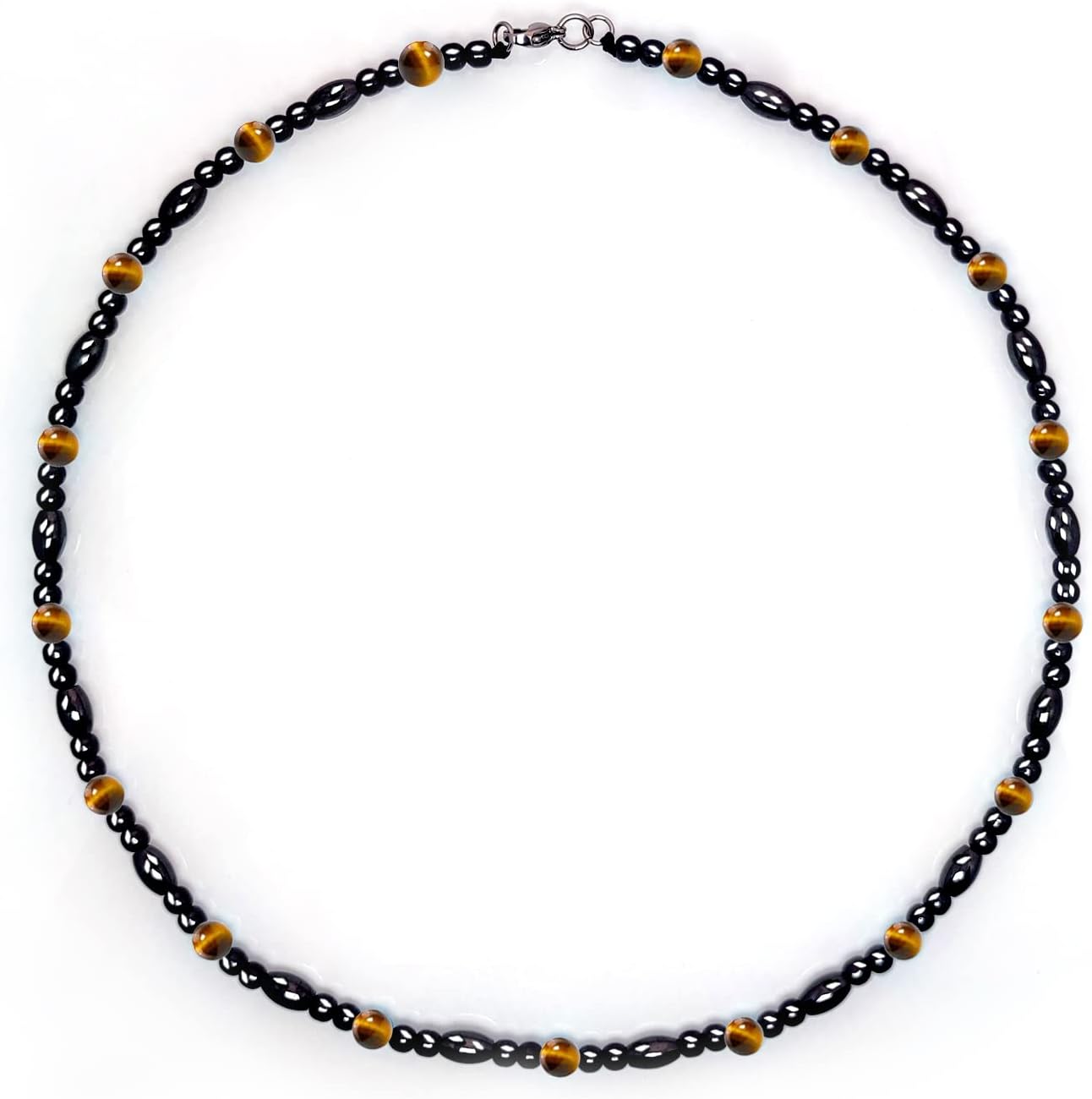 Hion Magnetic Therapy Necklace front view featuring black obsidian and tigers eye beads.