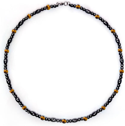 Hion Magnetic Therapy Necklace front view featuring black obsidian and tigers eye beads.