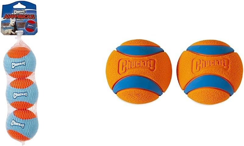 Three Chuckit! Amphibious Fetch Balls displayed in packaging