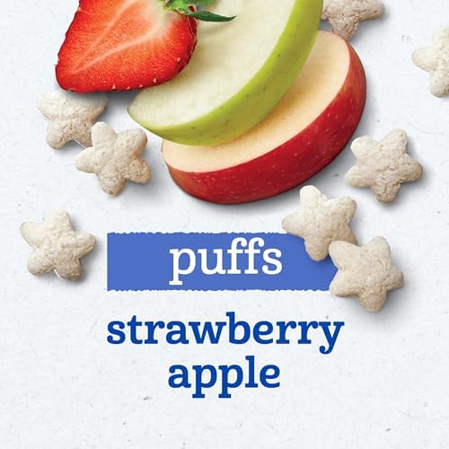 Close up of strawberry apple puffed grain snack pieces