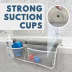 Four breathable mesh storage pockets holding baby shampoo and bath toys attached to the tub edge.