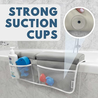 Four breathable mesh storage pockets holding baby shampoo and bath toys attached to the tub edge.