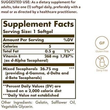 Solgar Vitamin E supplement bottle side label displaying ingredients