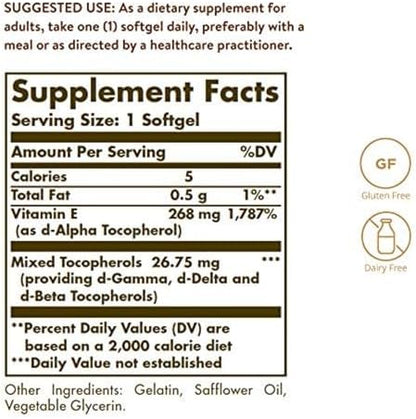 Solgar Vitamin E antioxidant immune and skin support supplement packaging label