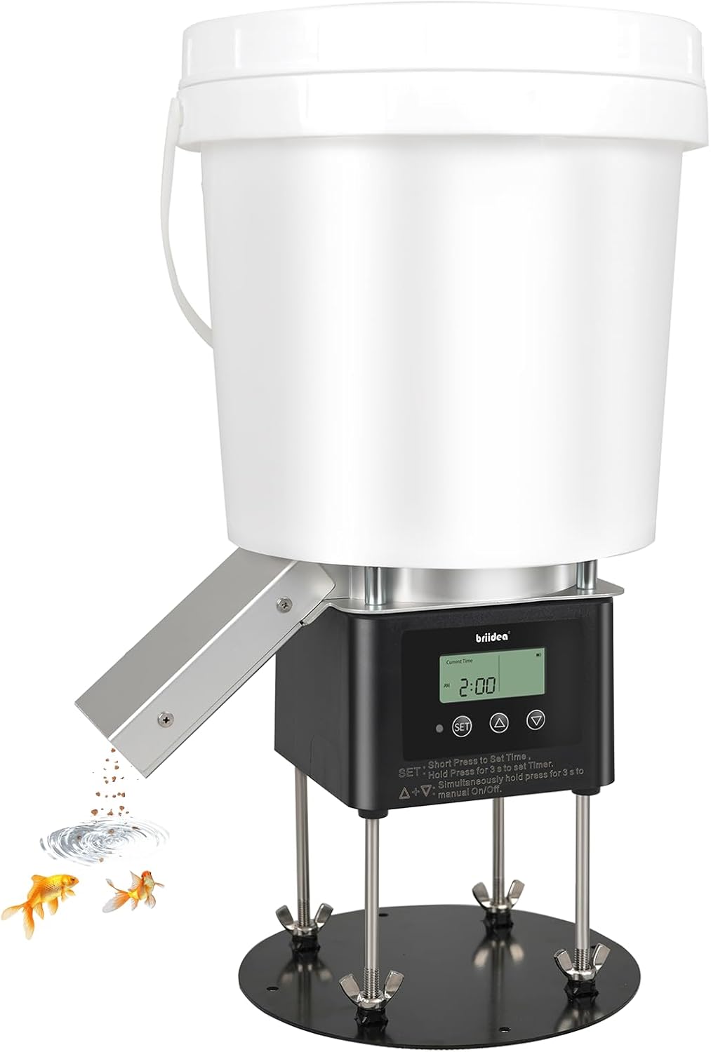 Briidea automatic fish feeder for pond front view showing digital LCD screen