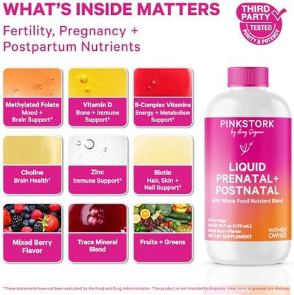Pink Stork prenatal liquid multivitamin showing label with folate, vitamins B6, C, D