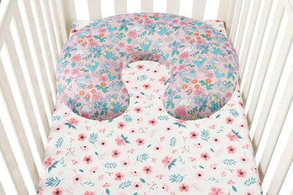 Stretchy fit demonstration of nursing pillow cover on standard pillow
