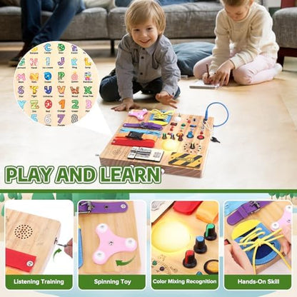 Toddler hands interacting with the mechanical locks and music box on the Hoarosall sensory board.