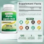 Side view of Best Naturals Alpha Lipoic Acid supplement bottle highlighting nutritional facts and ingredient details.