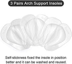 Self-adhesive gel arch inserts placed inside blue ballerina flats for flat feet relief.