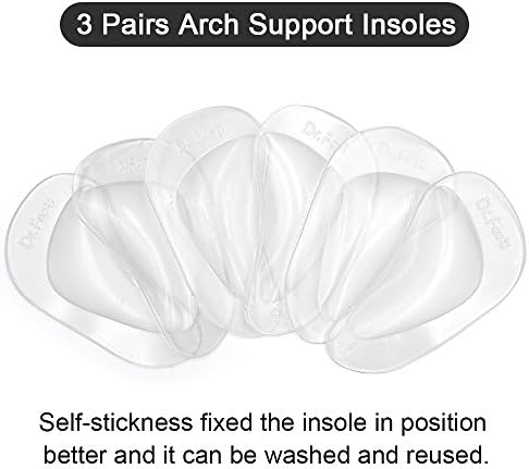 Self-adhesive gel arch inserts placed inside blue ballerina flats for flat feet relief.