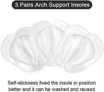 Self-adhesive gel arch inserts placed inside blue ballerina flats for flat feet relief.