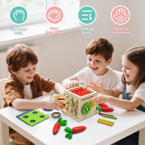 Close up of color sorting and stacking pieces on Zcxcznf box