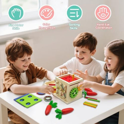 Close up of color sorting and stacking pieces on Zcxcznf box