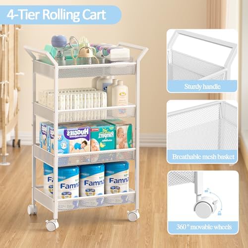 White diaper cart positioned next to a nursery changing table
