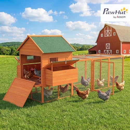 PawHut 137" Chicken Coop for 4-6 Chickens, Large Chicken House, Wooden Poultry Hen Cage with Nesting Box and Run for Backyard, Orange - Image 3
