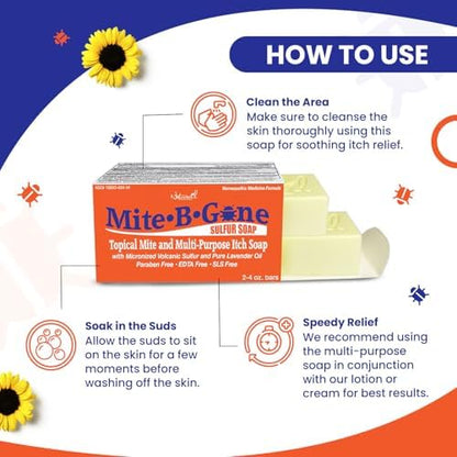 Mite-B-Gone anti itch soap bar unpacked highlighting the micronized volcanic sulfur texture