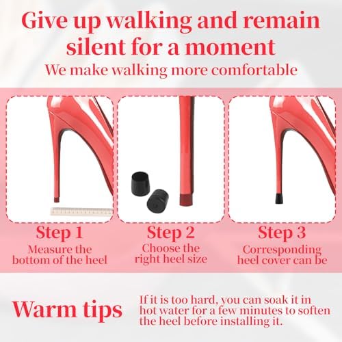 Black heel protector tips being applied to a stiletto heel for noise reduction