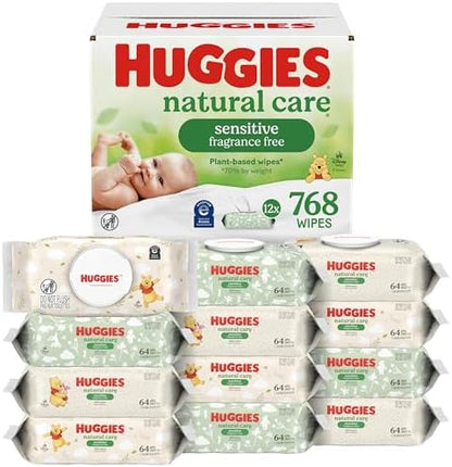 Huggies Natural Care Sensitive Baby Wipes, Unscented, Hypoallergenic, 99% Purified Water, 12 Flip-Top Packs (768 Wipes Total), Packaging May Vary - Image 2