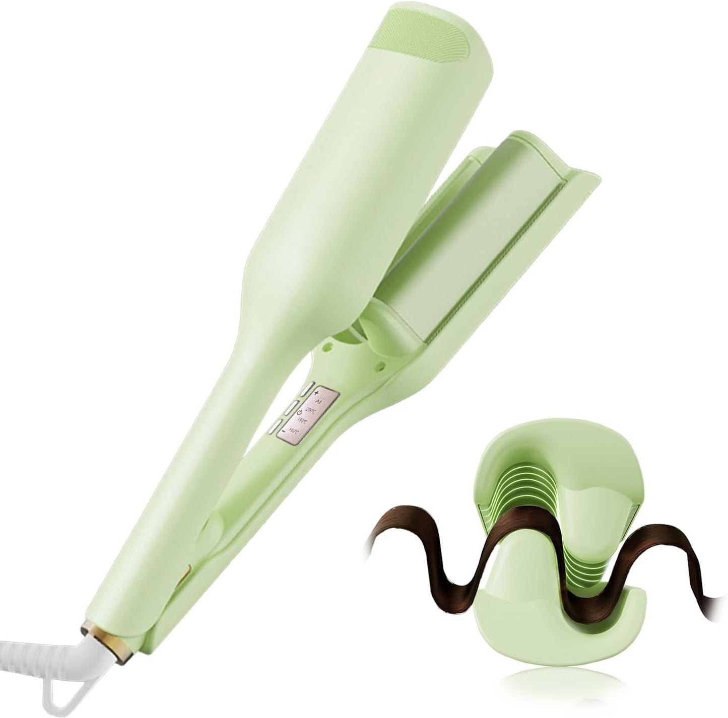 TOHUAN wave curling iron front view showcasing the light green body and 32mm ceramic 2 barrel design for beach waves.