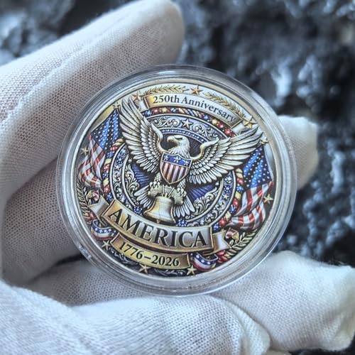 YKshop US patriotic metal token reverse side featuring the majestic bald eagle and American flags with 1776 to 2026 dates.