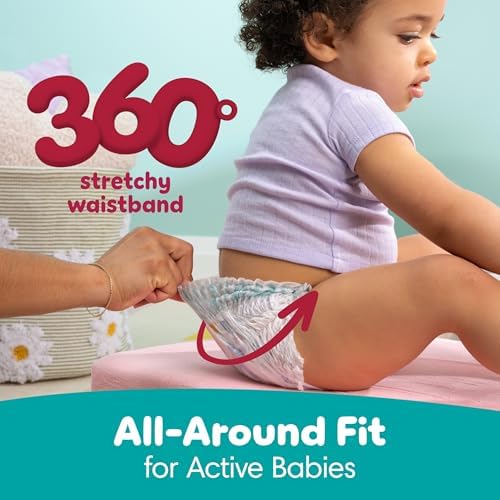 Close up of the 360 degree stretchy waistband on the Pampers pull on baby diaper pants