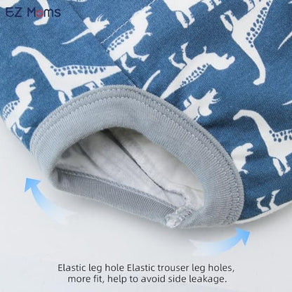 EZ Moms eight pack reusable training underwear showcasing different fun patterns for toddler boys