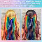 Hand applying washable hair chalk to blonde hair