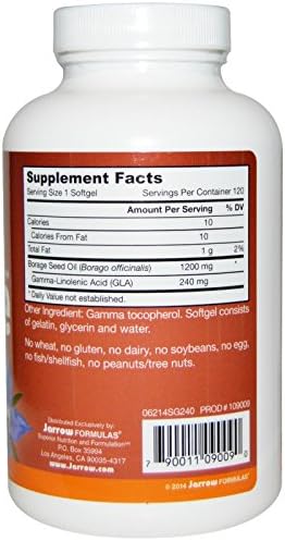 Supplements label and nutritional facts of Jarrow Formulas cold pressed borage seed oil softgels.