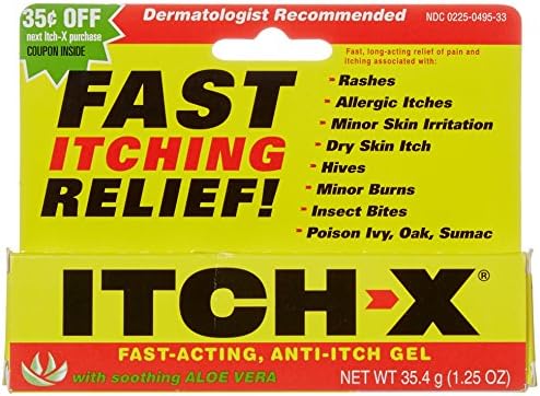Itch-X cooling gel with aloe vera for treating insect bites and allergic rashes.