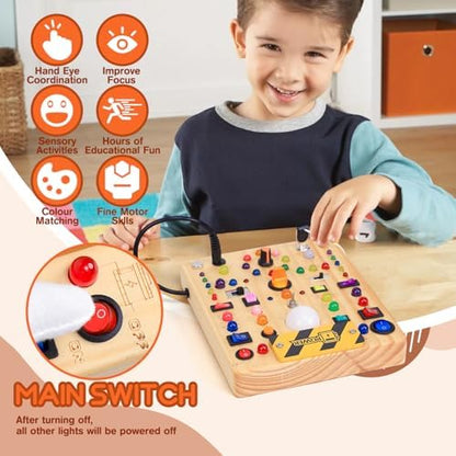 Reverse side of the iHarPro toddler activity board featuring the printed alphabet numbers and colors for early STEM learning.