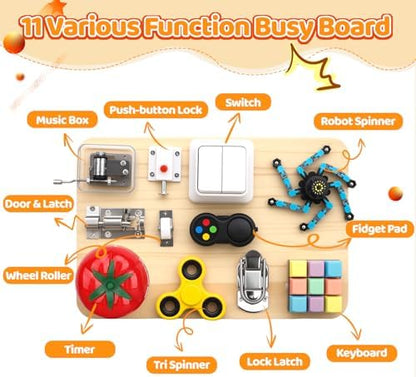 ABERLLS wooden toddler fidget sensory toy highlighting the central music box and robot spinner features