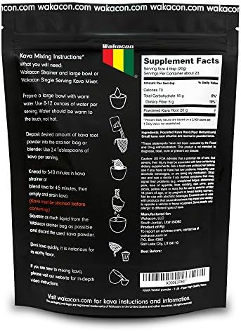 Wakacon Noble Fijian Waka Kava Root Powder bag back label with brewing instructions
