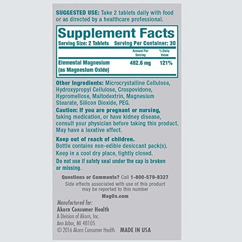 Mag-Ox 400 Magnesium Oxide pharmaceutical grade supplement tablets nutritional information label.