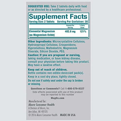 Mag-Ox 400 Magnesium Oxide pharmaceutical grade supplement tablets nutritional information label.