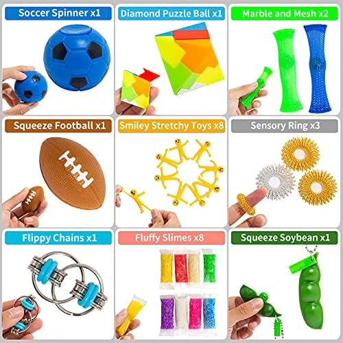Full collection of 76 piece sensory fidget toys arranged for display